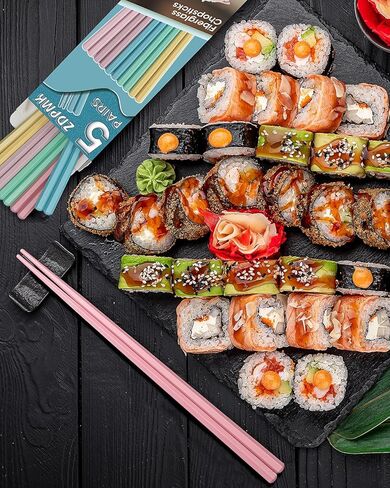 مجموعة 5 أزواج من أعواد الأكل الملونة المصنوعة من الألياف الزجاجية القابلة لإعادة الاستخدام، آمنة للاستخدام في غسالة الأطباق، مقاس 9.57 بوصة، تصميم ممتاز غير قابل للانزلاق مع حافظة - مثالية للمطبخ الياباني والكوري والصيني، هدية رائعة للحفلات in Kuwait