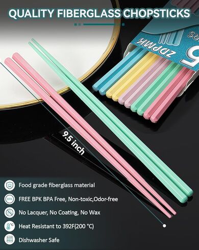 مجموعة 5 أزواج من أعواد الأكل الملونة المصنوعة من الألياف الزجاجية القابلة لإعادة الاستخدام، آمنة للاستخدام في غسالة الأطباق، مقاس 9.57 بوصة، تصميم ممتاز غير قابل للانزلاق مع حافظة - مثالية للمطبخ الياباني والكوري والصيني، هدية رائعة للحفلات in Kuwait