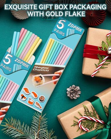 مجموعة 5 أزواج من أعواد الأكل الملونة المصنوعة من الألياف الزجاجية القابلة لإعادة الاستخدام، آمنة للاستخدام في غسالة الأطباق، مقاس 9.57 بوصة، تصميم ممتاز غير قابل للانزلاق مع حافظة - مثالية للمطبخ الياباني والكوري والصيني، هدية رائعة للحفلات in Kuwait