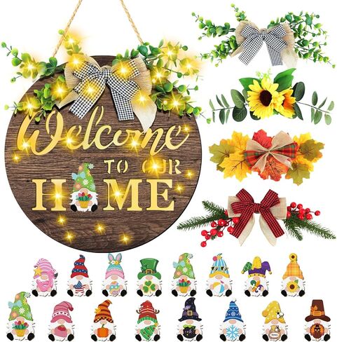 Interchangeable Welcome Sign for Front Door with 4 Seasonal Wreaths and 15 Icons, Farmhouse Front Porch Decor Rustic Wooden Wall Sign with LED Lights, Outdoor Seasonal Welcome Home Decorations in Saudi Arabia