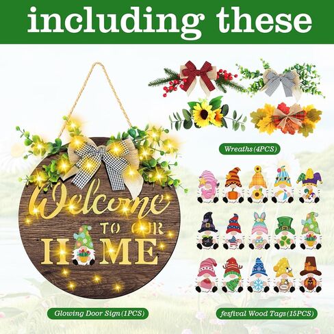 Interchangeable Welcome Sign for Front Door with 4 Seasonal Wreaths and 15 Icons, Farmhouse Front Porch Decor Rustic Wooden Wall Sign with LED Lights, Outdoor Seasonal Welcome Home Decorations in Saudi Arabia