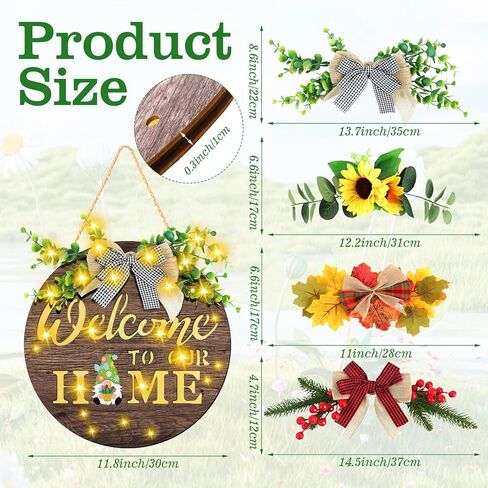 Interchangeable Welcome Sign for Front Door with 4 Seasonal Wreaths and 15 Icons, Farmhouse Front Porch Decor Rustic Wooden Wall Sign with LED Lights, Outdoor Seasonal Welcome Home Decorations in Saudi Arabia