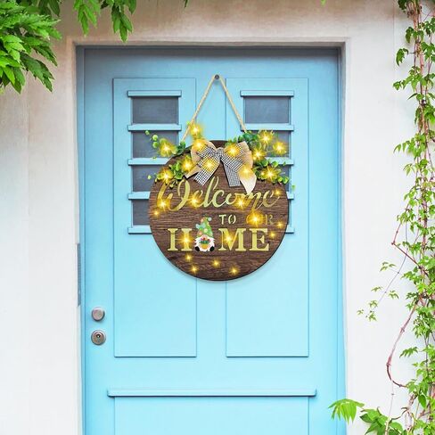 Interchangeable Welcome Sign for Front Door with 4 Seasonal Wreaths and 15 Icons, Farmhouse Front Porch Decor Rustic Wooden Wall Sign with LED Lights, Outdoor Seasonal Welcome Home Decorations in Saudi Arabia