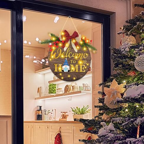 Interchangeable Welcome Sign for Front Door with 4 Seasonal Wreaths and 15 Icons, Farmhouse Front Porch Decor Rustic Wooden Wall Sign with LED Lights, Outdoor Seasonal Welcome Home Decorations in Saudi Arabia