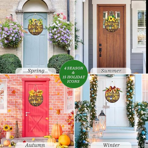 Interchangeable Welcome Sign for Front Door with 4 Seasonal Wreaths and 15 Icons, Farmhouse Front Porch Decor Rustic Wooden Wall Sign with LED Lights, Outdoor Seasonal Welcome Home Decorations in Saudi Arabia