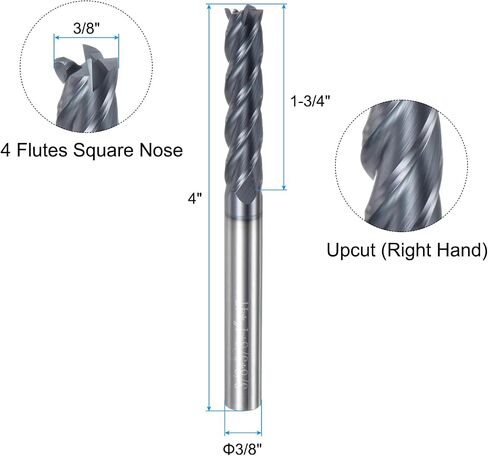 مطحنة نهاية مربعة من uxcell، قطر 3/8 بوصة مطلية بـ 4 مزامير من AlTiN، لسبائك الصلب الكربوني ومعدن التيتانيوم، ساق 3/8 بوصة وطول القطع 1-3/4 بوصة وطول إضافي 4 بوصة HRC55 in Saudi Arabia
