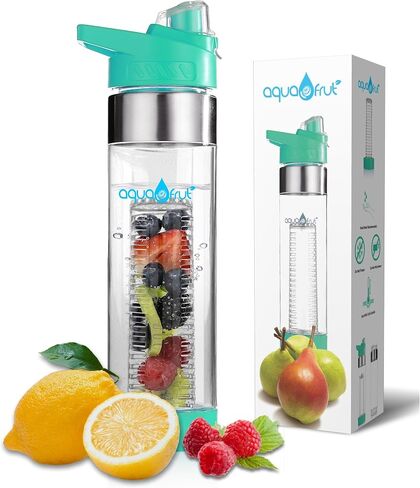زجاجة مياه جديدة من AquaFrut ذات تحميل سفلي لنقع الفاكهة - بلاستيك تريتان خالٍ من مادة BPA - مقاومة للتسرب - 24 أونصة - كتاب إلكتروني لوصفات التسريب (أزرق مخضر) in Saudi Arabia