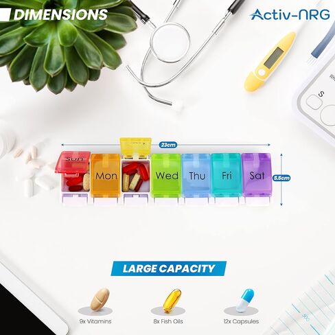 Weekly Pill Organiser, BPA Free 7 Day Travel Pill Box Case with Large Compartments and A Unique Spring Assisted Open Design to Hold Tablets, Vitamins, Medication, Cod Liver Oil, and Other Supplements in Saudi Arabia