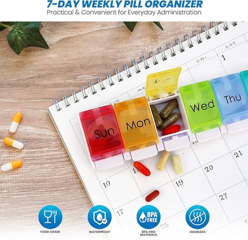 Weekly Pill Organiser, BPA Free 7 Day Travel Pill Box Case with Large Compartments and A Unique Spring Assisted Open Design to Hold Tablets, Vitamins, Medication, Cod Liver Oil, and Other Supplements in Saudi Arabia