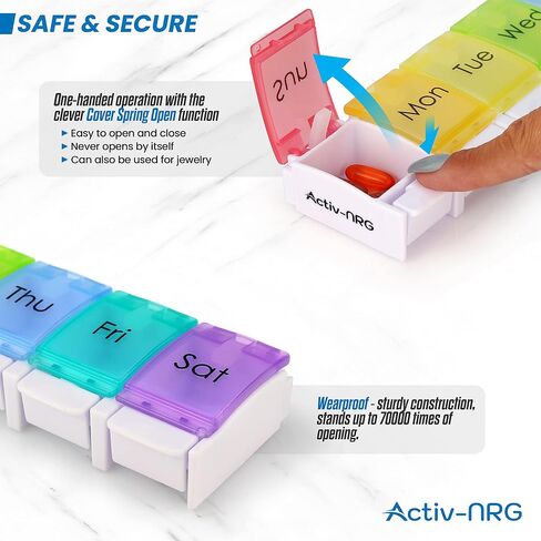 Weekly Pill Organiser, BPA Free 7 Day Travel Pill Box Case with Large Compartments and A Unique Spring Assisted Open Design to Hold Tablets, Vitamins, Medication, Cod Liver Oil, and Other Supplements in Saudi Arabia