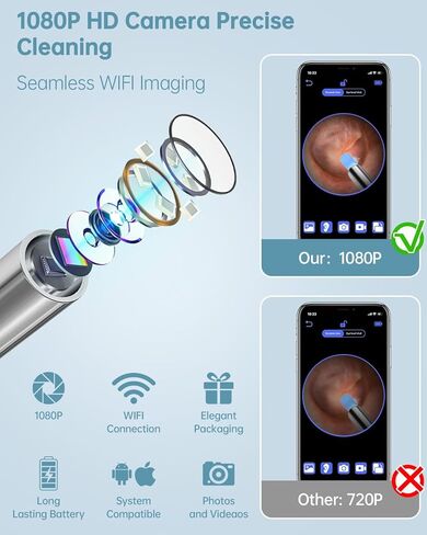إزالة شمع كاميرا الأذن، أداة تنظيف الأذن بدقة 1080 بكسل عالية الدقة مع كاميرا ومنظار الأذن مع ضوء، منتقي الأذن مع كاميرا 8 قطع مجموعة إزالة شمع الأذن المحمولة لملعقة الأذن ومنظف كاميرا الأذن لهاتف iPhone وAndroid in Kuwait