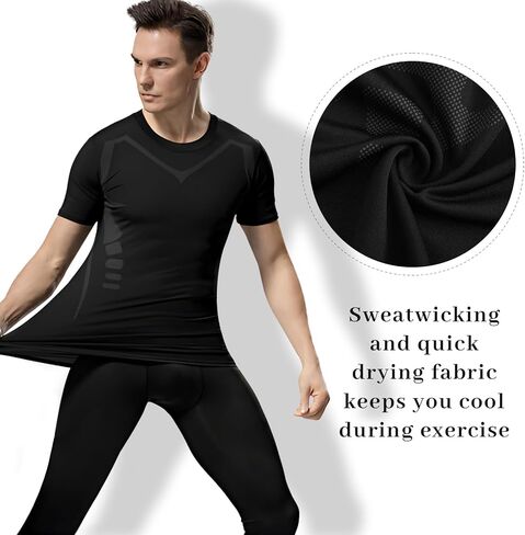 Men's Compression Baselayer Short Sleeve Sports Athletic Workout T-Shirts Dry Fit Muscle Shirts 2 Pack in Kuwait