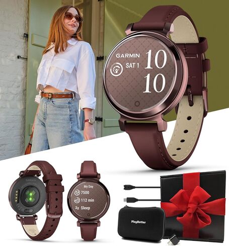 مجموعة صندوق هدايا ساعة اللياقة البدنية الذكية Garmin Lily 2 (ليلك معدني/سيليكون أرجواني) - ساعة للسيدات مع شاشة مخفية، بطارية تدوم 5 أيام وحقيبة معدنية - تتضمن محول حائط PlayBetter وحافظة صلبة in Saudi Arabia