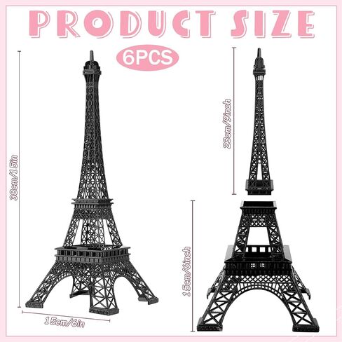 Therwen 6 Pcs 15'' Eiffel Tower Statue Decor Alloy Metal Paris French Eiffel Tower Model Collectible Figurine Paris Eiffel Tower Craft Art Statue Model Party Decoration Gift for Cake Topper (Black) in Saudi Arabia
