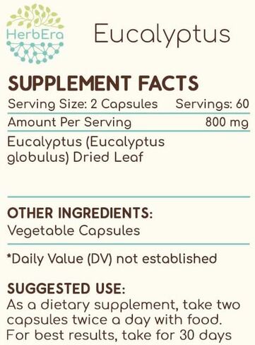 Eucalyptus 60 Capsules, 400 mg, Eucalyptus (Eucalyptus Globulus) Dried Leaf (60 Capsules) in Saudi Arabia