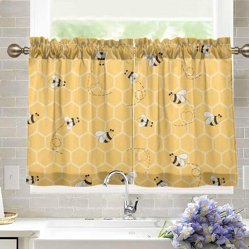 Yellow Bees Honey Kitchen Curtains 36 inch Length Light Filtering Tier Curtains Short Valance for Kitchen Bathroom Bedroom Kids Living Room, 2 Panels (27 W x 36 L) in Saudi Arabia