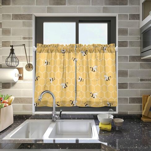 Yellow Bees Honey Kitchen Curtains 36 inch Length Light Filtering Tier Curtains Short Valance for Kitchen Bathroom Bedroom Kids Living Room, 2 Panels (27 W x 36 L) in Saudi Arabia
