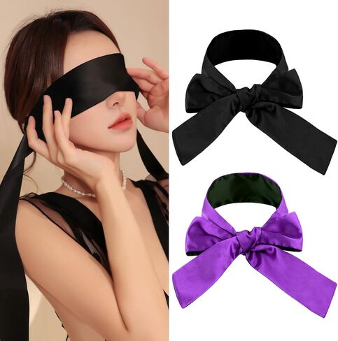 2 Pcs Satin Eye Mask,Soft Blindfold for Adult Adjustable Blind Folds for Sleeping 150cm/59inch Eye Cover Sleep Mask Blindfold for Women Man Couples Travel Sleep Nap (Black,Purple) in Saudi Arabia