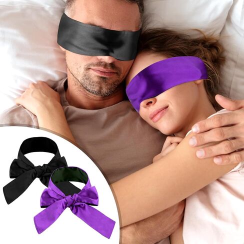 2 Pcs Satin Eye Mask,Soft Blindfold for Adult Adjustable Blind Folds for Sleeping 150cm/59inch Eye Cover Sleep Mask Blindfold for Women Man Couples Travel Sleep Nap (Black,Purple) in Saudi Arabia