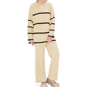 Fisoew Women's Striped 2 Piece Outfits Color Block Oversized Knit Sweater and Wide Leg Pants Lounge Sets Tracksuits