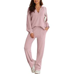 Jumppmile Women's 2 Piece Outfits Sweater Set V Neck Long Sleeve Pajama Wide Leg Lounge Set
