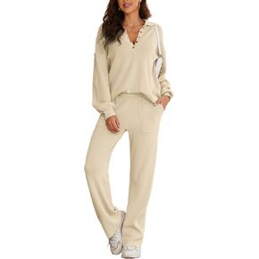 Jumppmile Women's 2 Piece Outfits Sweater Set V Neck Long Sleeve Pajama Wide Leg Lounge Set