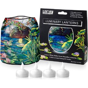 MODGY Luminary Decorative Lanterns for Indoor Outdoor Decor 4-Pack, with Flameless Floating LED Candles Louis C. Tiffany Mellon House Waterlilies