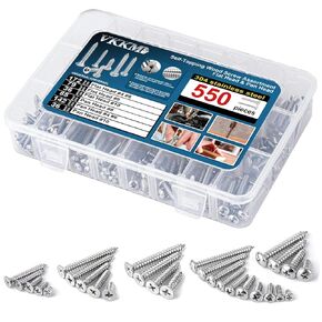 550 pcs Stainless Steel Self-Tapping Wood Screw Assortment Kit, Self-Drilling Screw Set, Flat Head & Pan Head, 4/#6/#8/#10, Reusable Storage Case with Adjustable Dividers