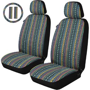 أغطية مقاعد السيارة من Baja Saddle Blanket مجموعة كاملة مع وسادات حزام الأمان وغطاء عجلة القيادة، غطاء داخلي منسوج مخطط ملون عالمي لسيارة السيدان وسيارات الدفع الرباعي والشاحنات والوسائد الهوائية المتوافقة