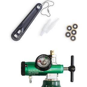 Oxygen Regulator 0-25LPM, CGA-870 Gauge Flow Rate – Includes Wrench Key, 5 Brass Yoke Washer Seals, and 2 Oxygen Tubing Swivel Connectors - Ergonomic Handle Design - Green