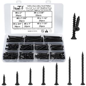 140 Pcs Black Self-Drilling Screws for Metal, 8# x 1/2 to 2 inch Phillips Drive Modified Truss Head Self-Tapping TEK Screws Assortment Kit, Sheet Metal Screws, Drill Point Deck Screws
