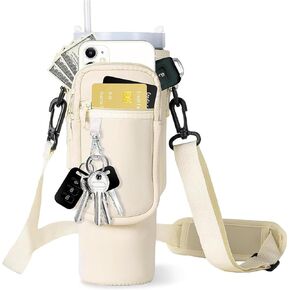 Water Bottle Holder with Strap for Stanley Cup Accessories 40 oz Water Bottle Carrier Bag with 2 Pocket Sling Neoprene,Adjustable Strap& Straw Cover.Water Bottle Sleeve for Walking Hiking Camping Gym