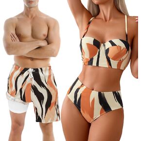 Couples Matching Swimsuit Zebra Print, Push-Up Bra Women Bikini Set, Soft Elastic Men Swim Trunks