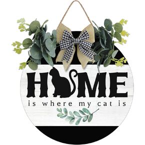 Funny Cat Home Sign Round Wooden Farmhouse Front Door Decor Wall Door Wreath Sign Porch Decor Home Wall Art Decor Home Wall Wood Decor 12 X 12 Inch