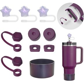 Silicone Anti Spill Leak Proof Stopper Kit for Stanley Cup 30oz & 40oz with Straw Covers, Chroma Metallic Tumbler Boot and Glitter Star Straw Cover for Azure/Plum/Green Stanley Cup Accessories