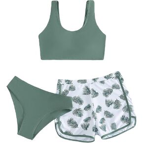 SOLY HUX Girl's 3 Piece Swimsuit Tropical Print Bikini Sets Bathing Suit with Shorts