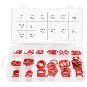 150Pcs Fiber Washer Insulation Flat Washer Assortment, 14 Sizes Red Flat Ring Washers Assortment Kit Steel Paper Sealing Washers Set