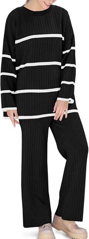 Fisoew Women's Striped 2 Piece Outfits Color Block Oversized Knit Sweater and Wide Leg Pants Lounge Sets Tracksuits in Saudi Arabia