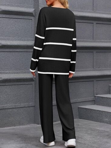 Fisoew Women's Striped 2 Piece Outfits Color Block Oversized Knit Sweater and Wide Leg Pants Lounge Sets Tracksuits in Saudi Arabia