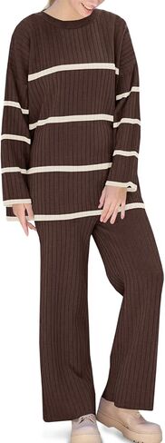 Fisoew Women's Striped 2 Piece Outfits Color Block Oversized Knit Sweater and Wide Leg Pants Lounge Sets Tracksuits in Saudi Arabia