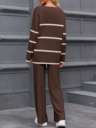 Fisoew Women's Striped 2 Piece Outfits Color Block Oversized Knit Sweater and Wide Leg Pants Lounge Sets Tracksuits in Saudi Arabia