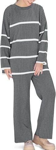 Fisoew Women's Striped 2 Piece Outfits Color Block Oversized Knit Sweater and Wide Leg Pants Lounge Sets Tracksuits in Saudi Arabia