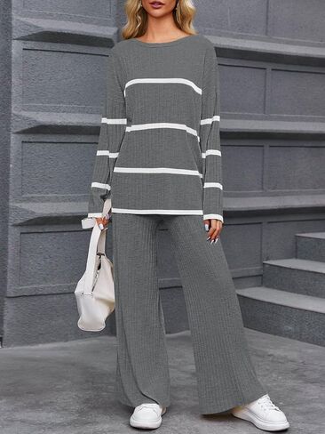 Fisoew Women's Striped 2 Piece Outfits Color Block Oversized Knit Sweater and Wide Leg Pants Lounge Sets Tracksuits in Saudi Arabia