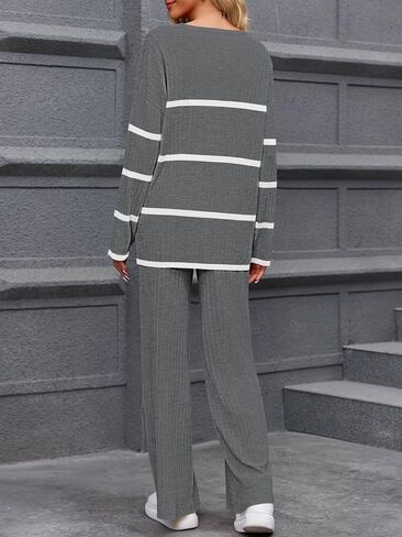 Fisoew Women's Striped 2 Piece Outfits Color Block Oversized Knit Sweater and Wide Leg Pants Lounge Sets Tracksuits in Saudi Arabia