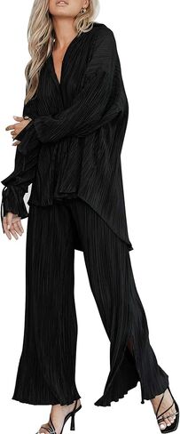 Cysincos Women 2 Piece Pleated Pants Set Oversized Long Sleeve Button Shirt Blouse with Wide Pajama Pants Loungewear in Saudi Arabia