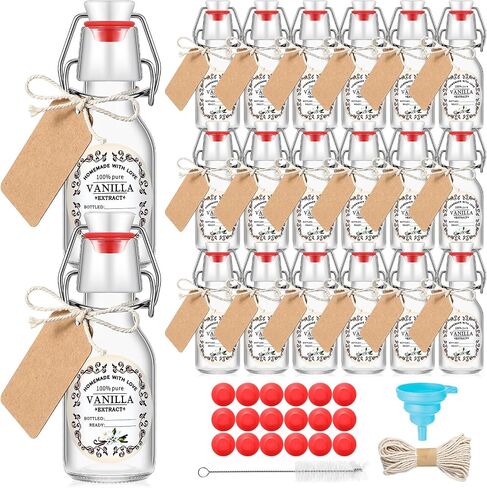18 Pcs 4 Oz Swing Top Glass Bottles with Airtight Stoppers,Mini Flip Top Glass Bottles with Stickers Bottle Brush Funnel Rope Labels for Wedding Themed Party Favors in Saudi Arabia