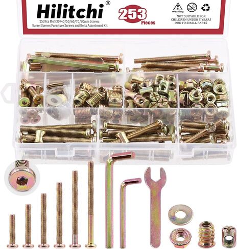 مجموعة متنوعة من براغي سرير الأطفال المطلية بالزنك 253 قطعة M6 (30-80 مم) من Hilitchi، غطاء مقبس سداسي للأثاث ومسامير أسطوانة الأثاث مع مفتاح سداسي لأسرّة الأثاث in Saudi Arabia