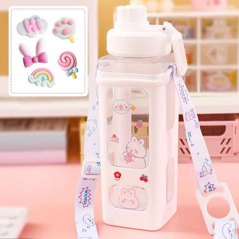 Kawaii Straw Water Bottle with Stickers and Strap, Cute Aesthetic Water Bottles BPA Free Leakproof Shaker Drink Bottle for School in Saudi Arabia