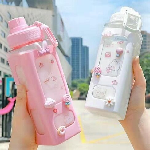 Kawaii Straw Water Bottle with Stickers and Strap, Cute Aesthetic Water Bottles BPA Free Leakproof Shaker Drink Bottle for School in Saudi Arabia