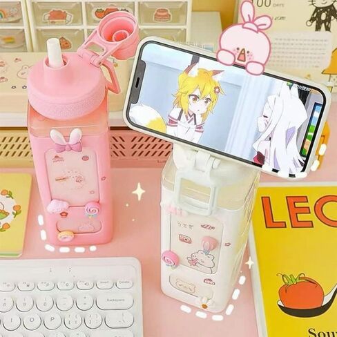 Kawaii Straw Water Bottle with Stickers and Strap, Cute Aesthetic Water Bottles BPA Free Leakproof Shaker Drink Bottle for School in Saudi Arabia